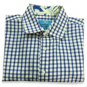 Christian Aujard‎ Shirt Mens XL Plaid Preppy Flip Cuff Button Up Blue Green Work